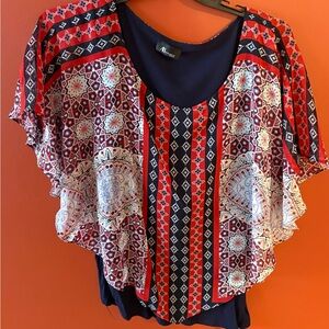 AB Studio Red and Navy Patterned Blouse